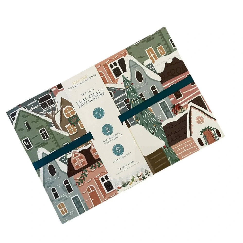 Envogue Christmas Village Faux Leather Placemats 13x19 Set of 4 New